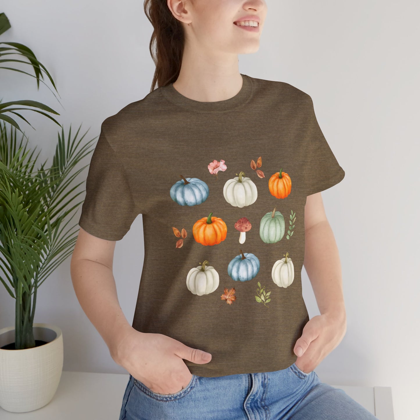 Cozy Pumpkin Coffee Mushroom T-shirt - Rustic Autumn Farmhouse Unisex Jersey Short Sleeve Tee