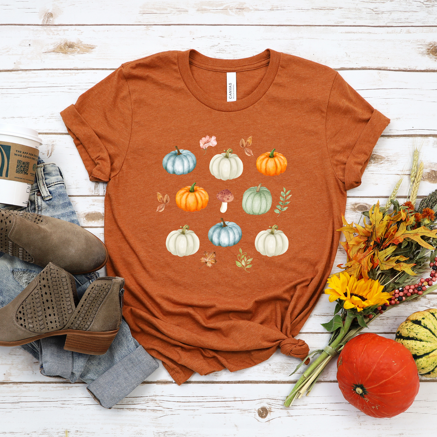 Cozy Pumpkin Coffee Mushroom T-shirt - Rustic Autumn Farmhouse Unisex Jersey Short Sleeve Tee